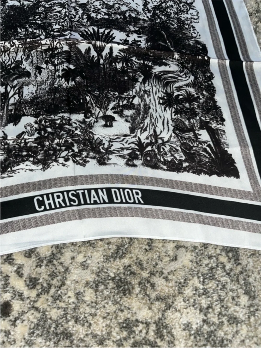 Dior Black and White Toile Silk Scarf with Neutral Stripes